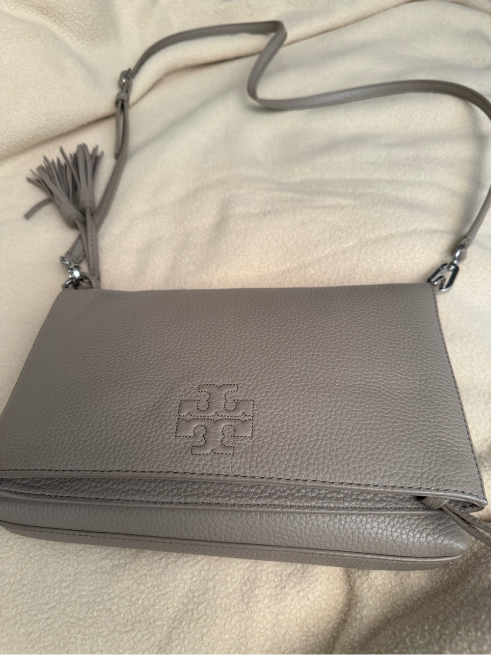 Tory Burch McGraw Foldover Silver Maple Pebbled Leather Crossbody with Tassel